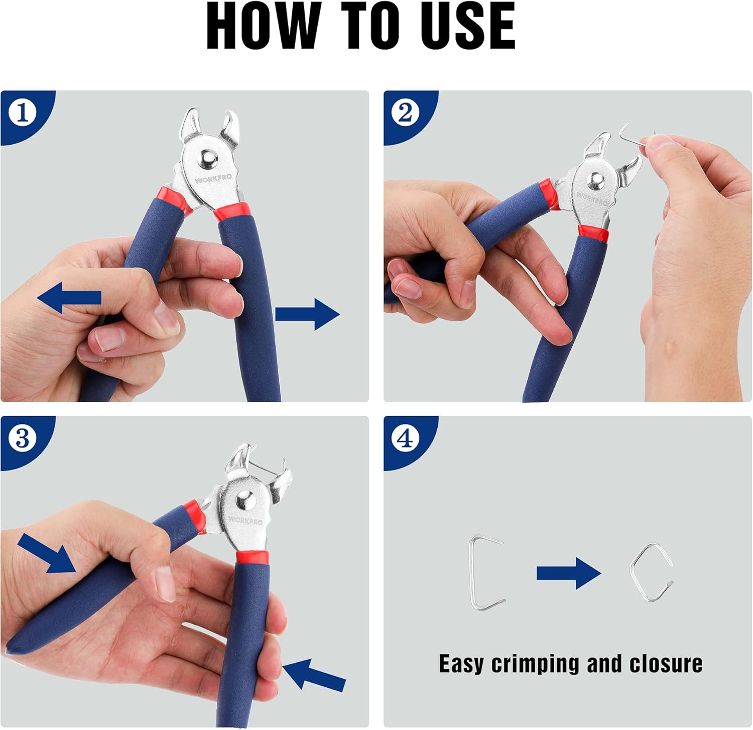 Hog ring pliers with blue handles and red grips, showing crimping use steps