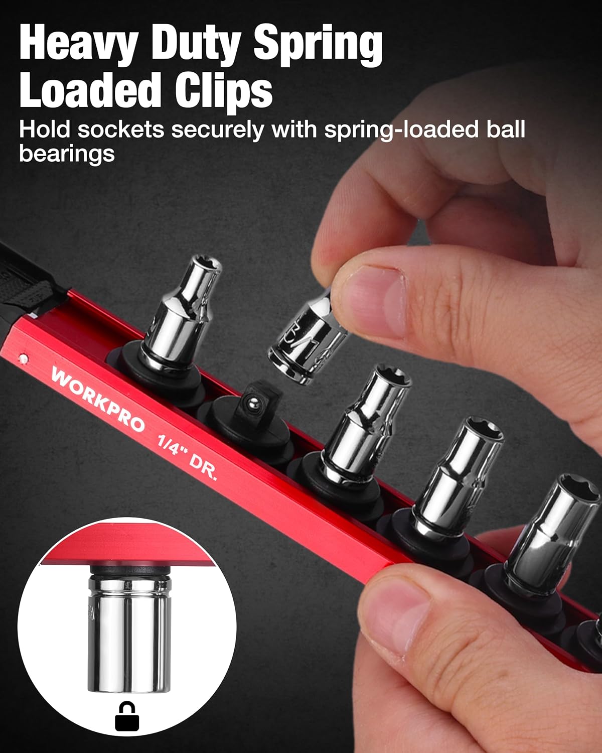Red magnetic socket holder with heavy-duty spring-loaded clips gripping sockets securely.