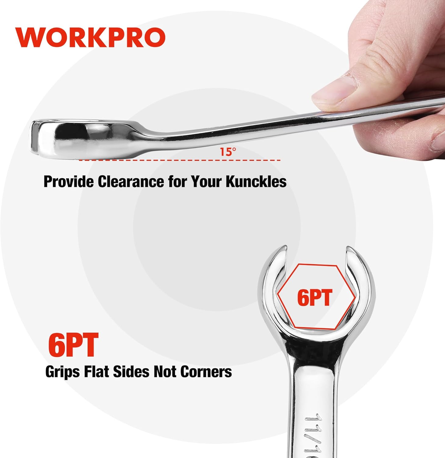 15° offset open-end flare nut wrench with 6-point jaw profile