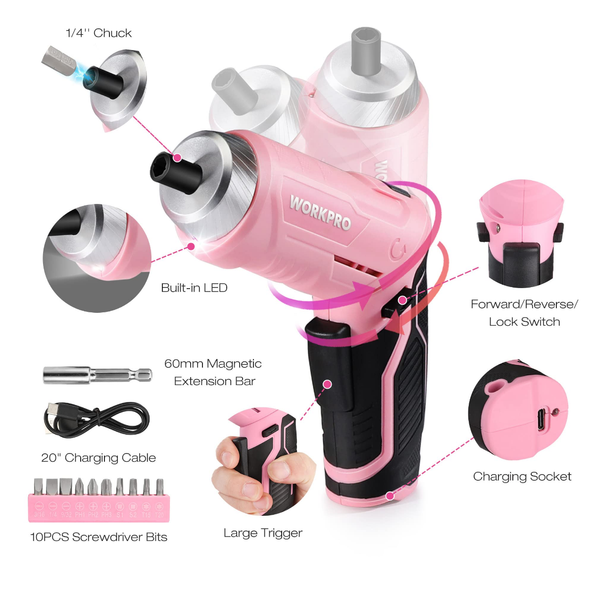 Pink cordless drill tool kit with LED, charging port, magnetic extension bar, and bits