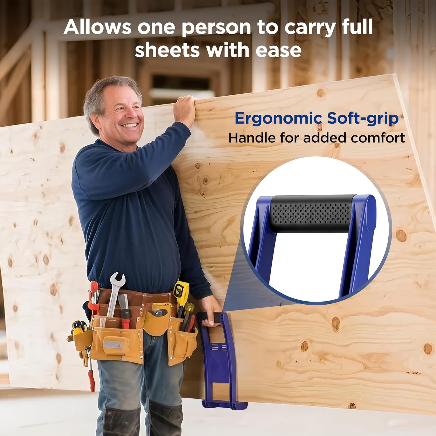 Blue drywall/panel carrier with ergonomic soft-grip handle and anti-slip foot pads