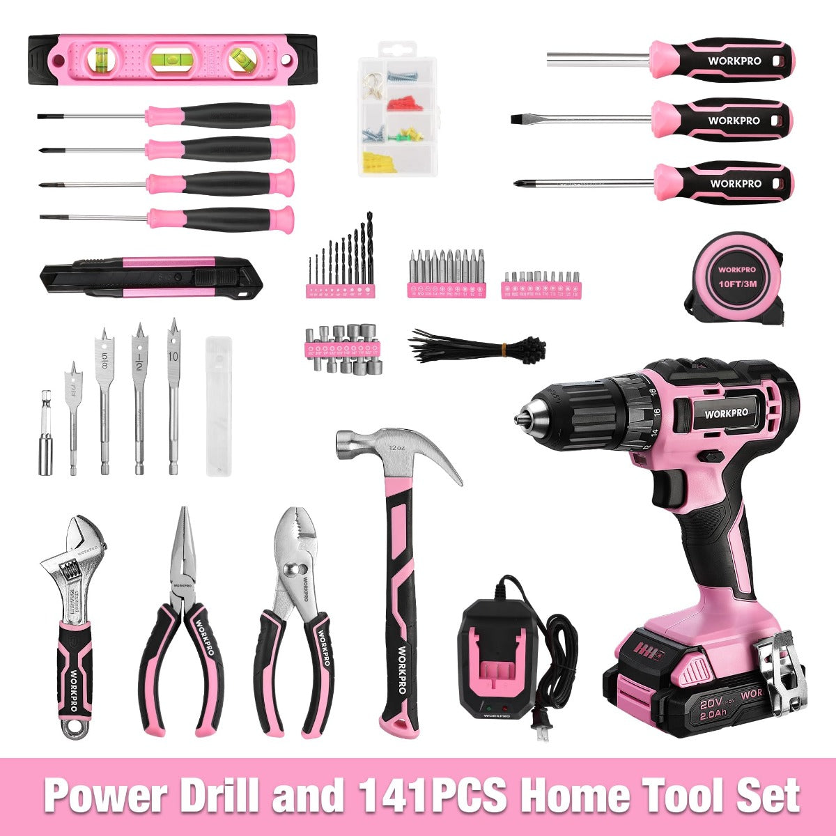 Pink cordless drill and 141-piece home tool set shown with assorted bits and tools