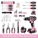 WORKPRO 20V Pink Cordless Drill Driver and 141 Pcs Home Tool Set - Pink Ribbon