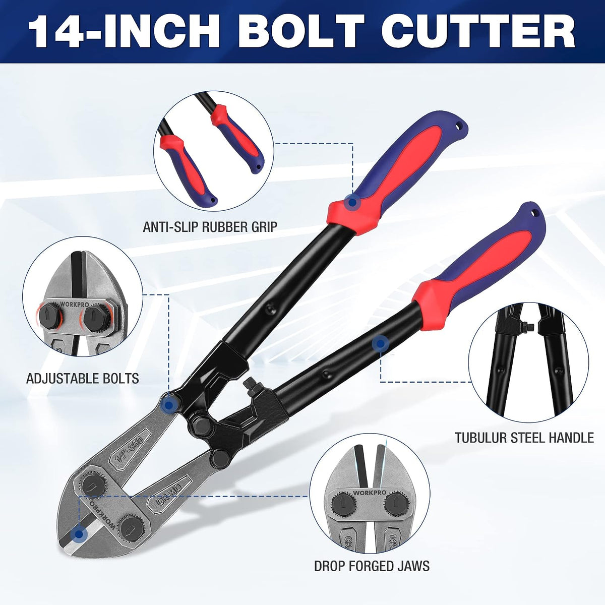 WORKPRO 14" Bolt Cutter, Bi-Material Handle with Soft Rubber Grip, Red&Blue