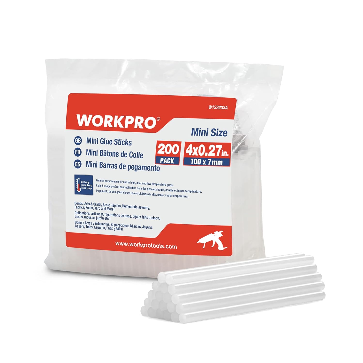 Mini white hot glue sticks pack with 200 count, 4 x 0.27 in size, WORKPRO brand