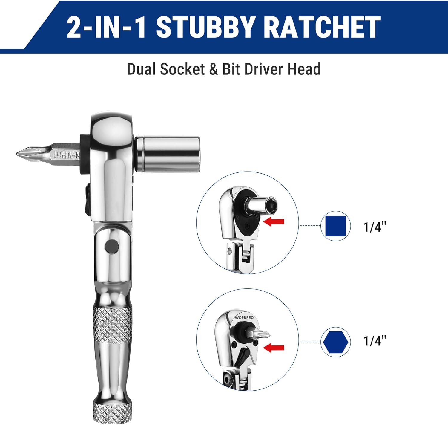 2-in-1 stubby ratchet with dual socket and bit driver head, 1/4 in