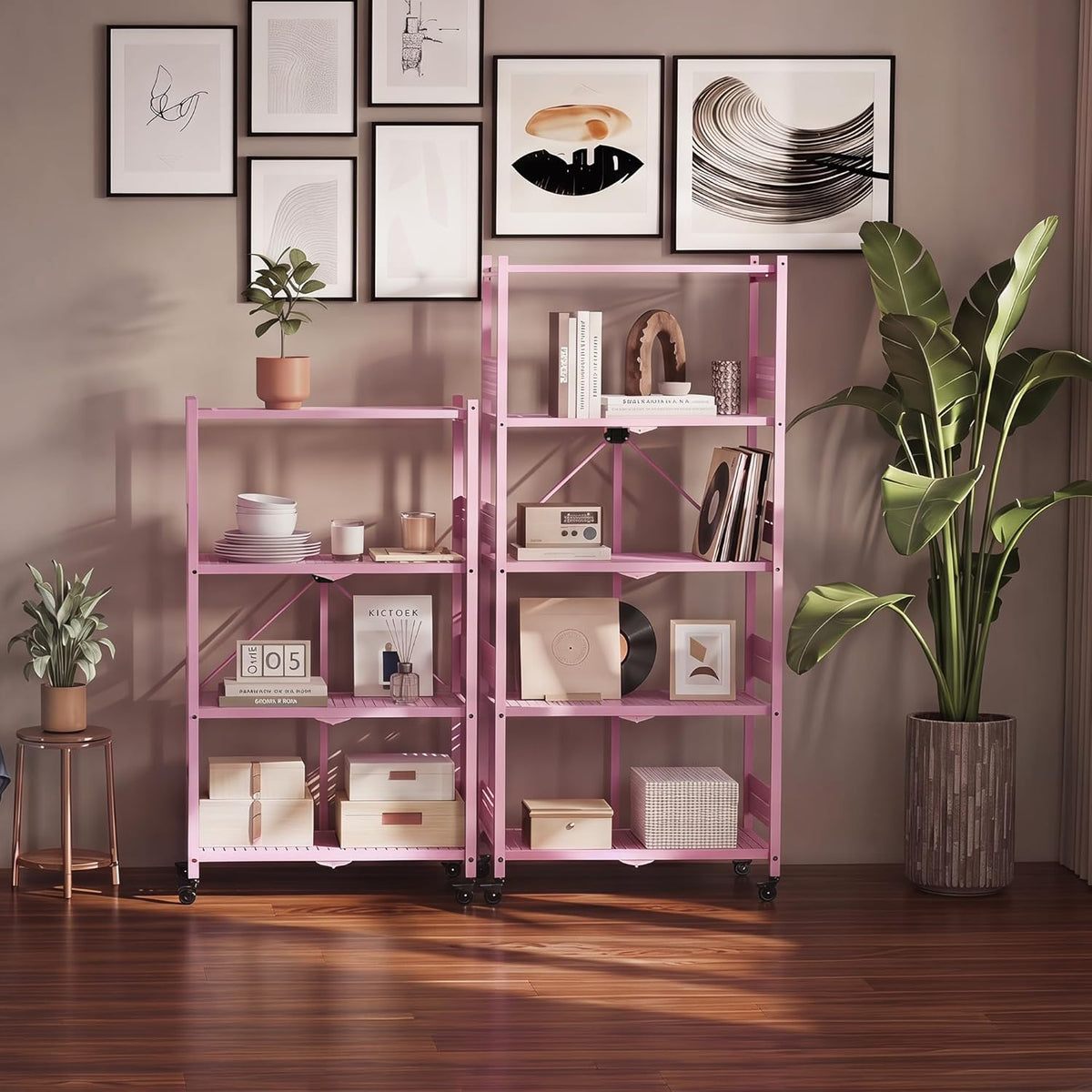 Pink 4-tier folding storage rack on wheels with open frame and perforated shelves