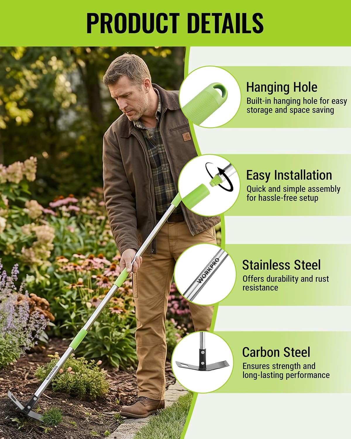 Garden weed puller tool with hanging hole and long metal handle for easy storage