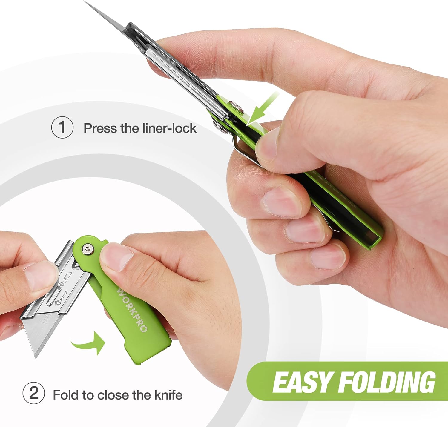 Green folding utility knife with belt clip, compact blade extended