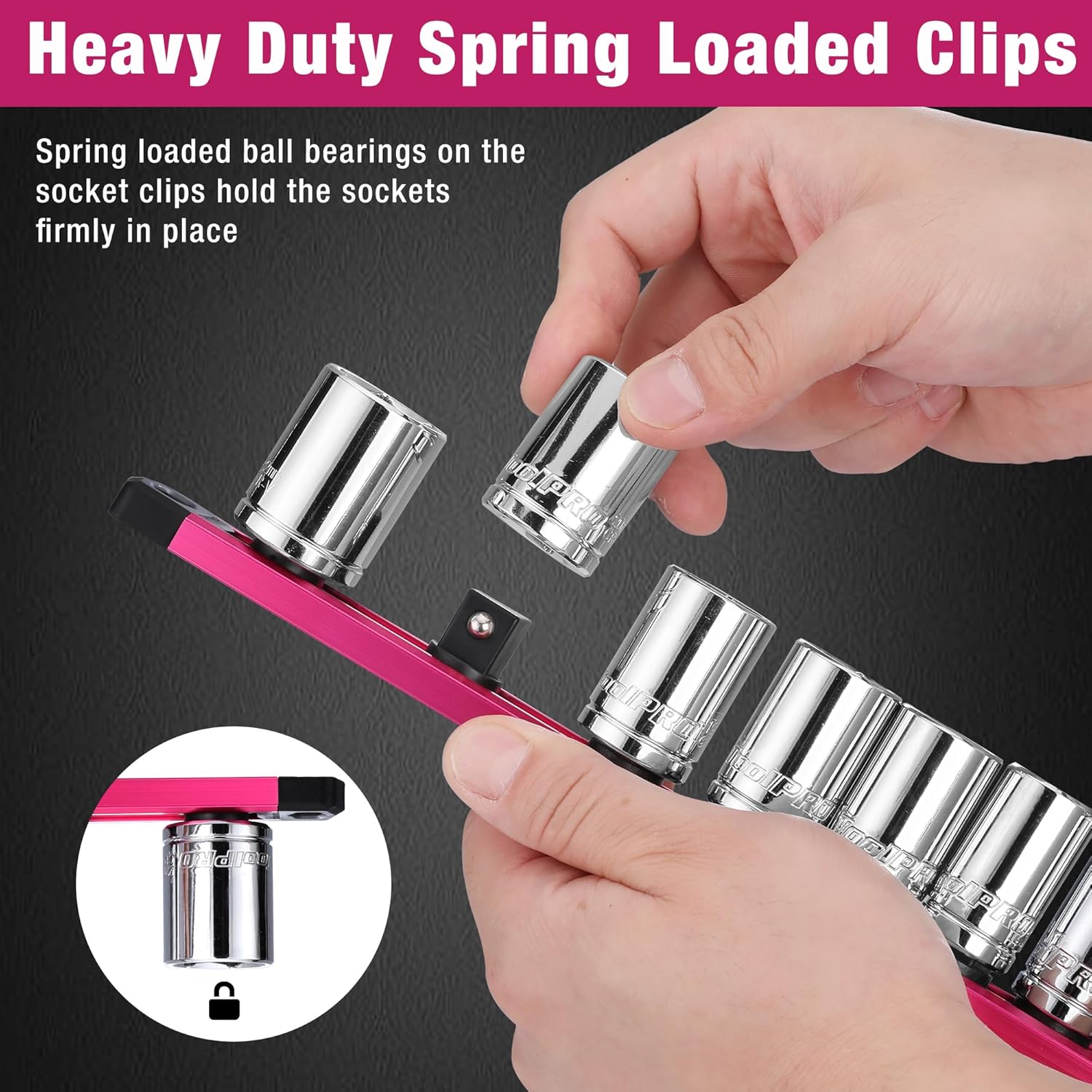 Rose red magnetic socket rail with spring-loaded black clips and chrome sockets
