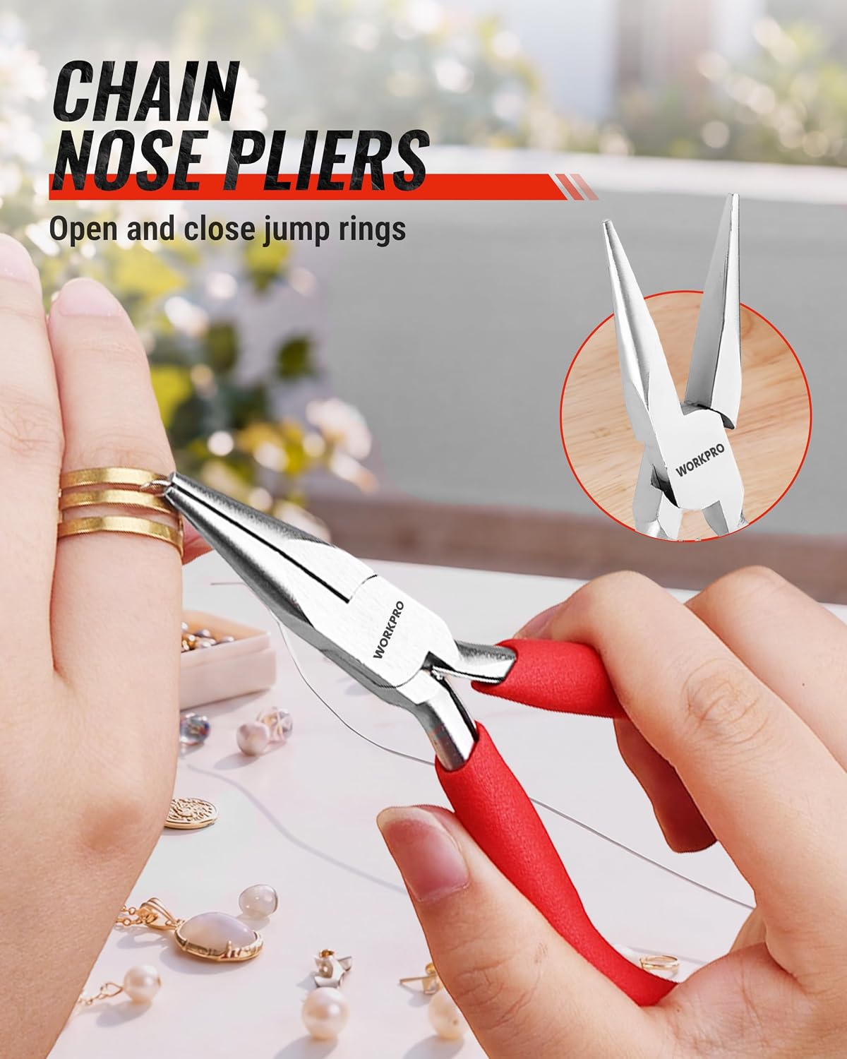 WORKPRO jewelry pliers set with pouch, stainless steel pliers with red handles for opening and closing jump rings