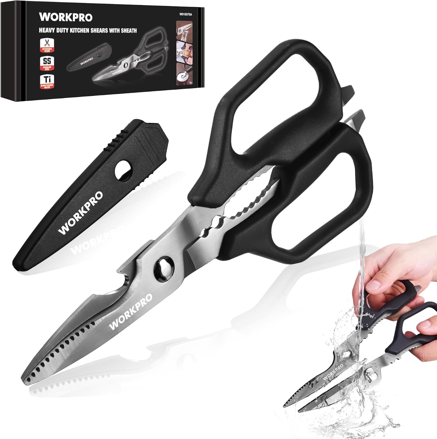 Black kitchen scissors with detachable stainless steel blades and protective cover