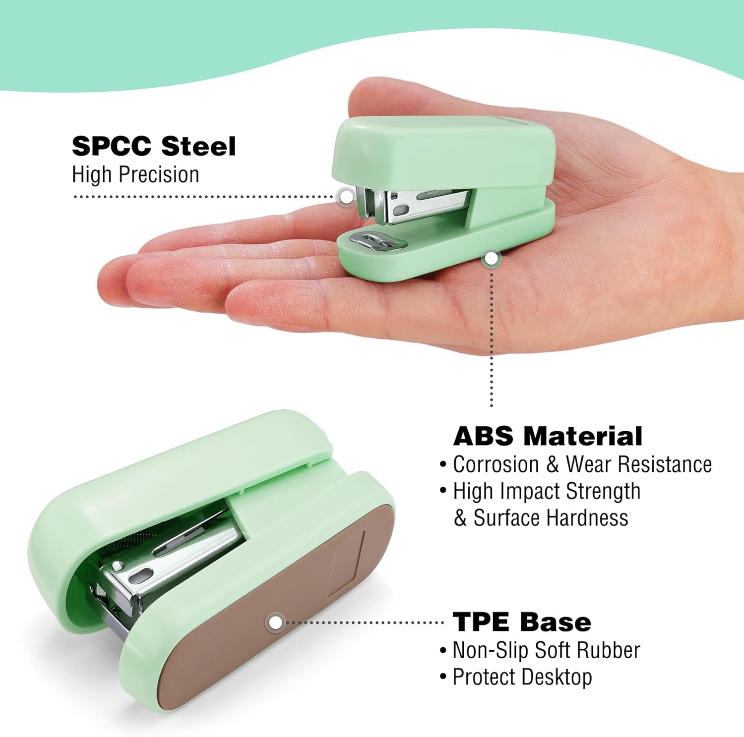 Small green mini stapler held in hand, with visible metal stapling mechanism