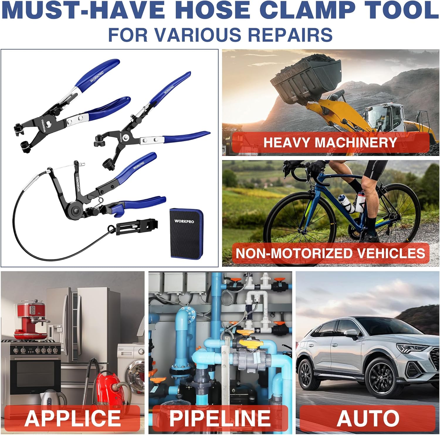 Three hose clamp tools for repairs: angled and band pliers with blue grips