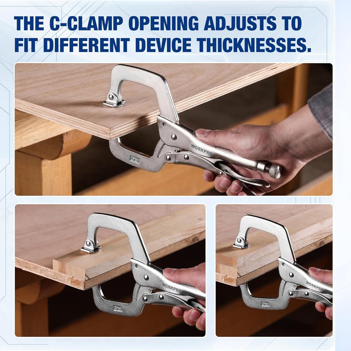 C-clamp opening adjusts for different thicknesses, clamping a wooden beam