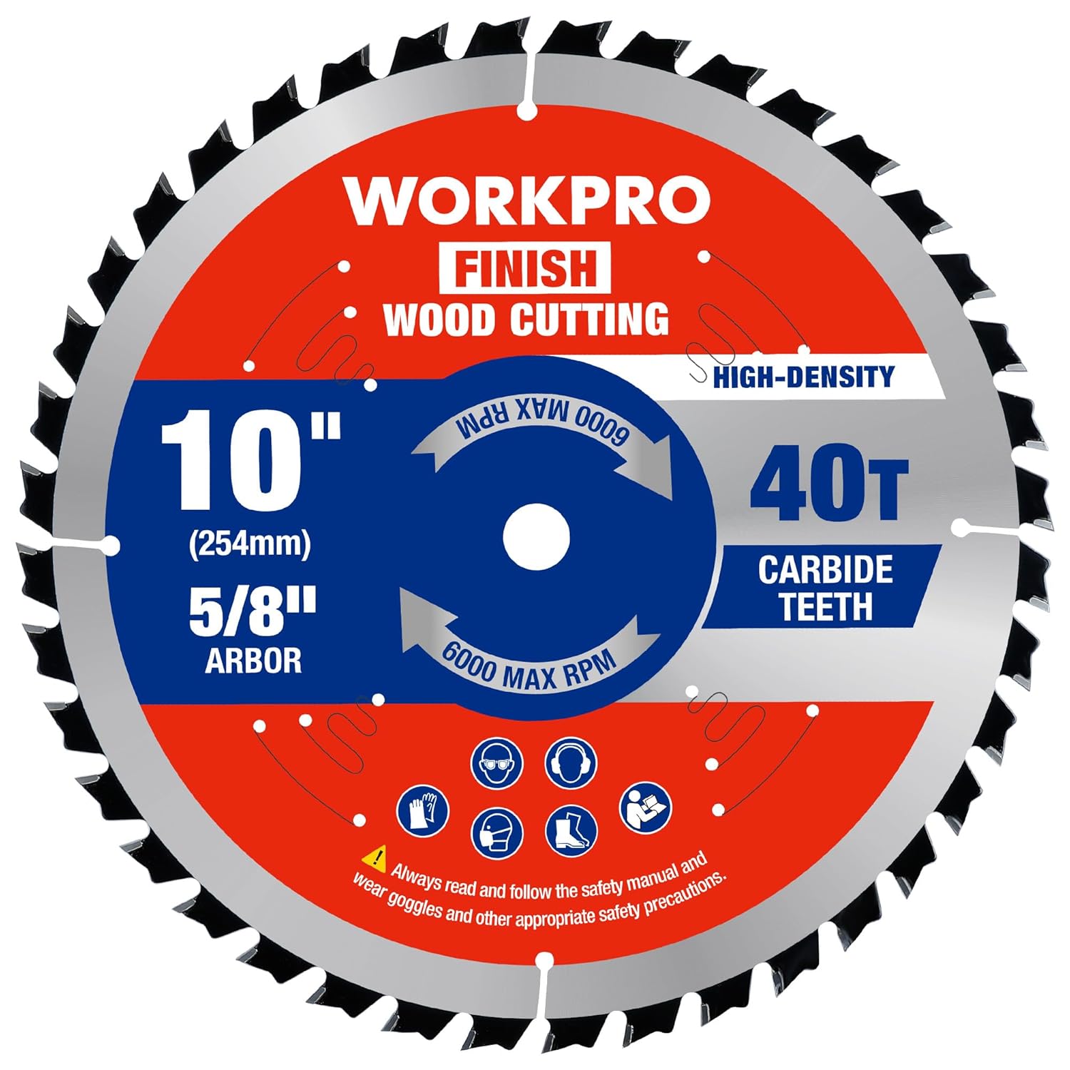WORKPRO 10-inch circular saw blade with 40T carbide teeth and 5/8-inch arbor hole