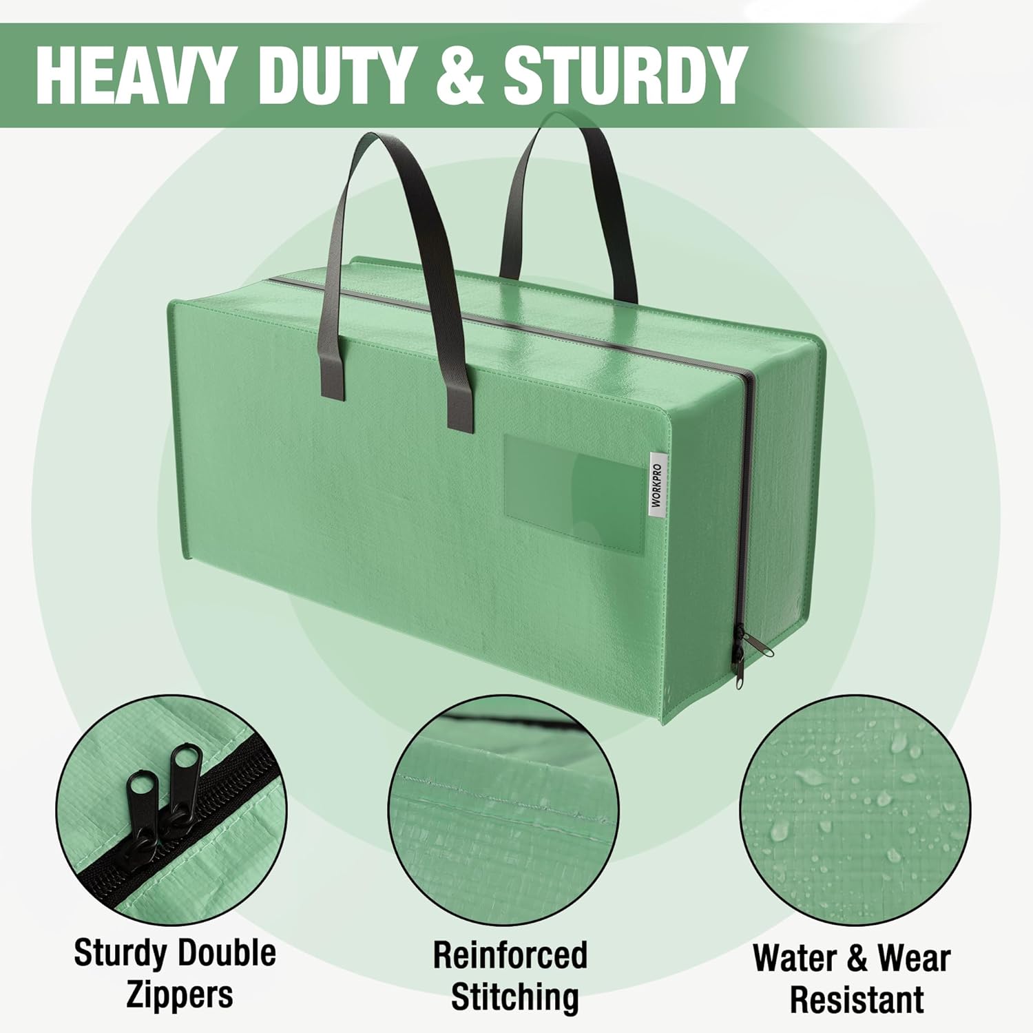 Green extra-large moving storage tote bag with zipper and two carry handles