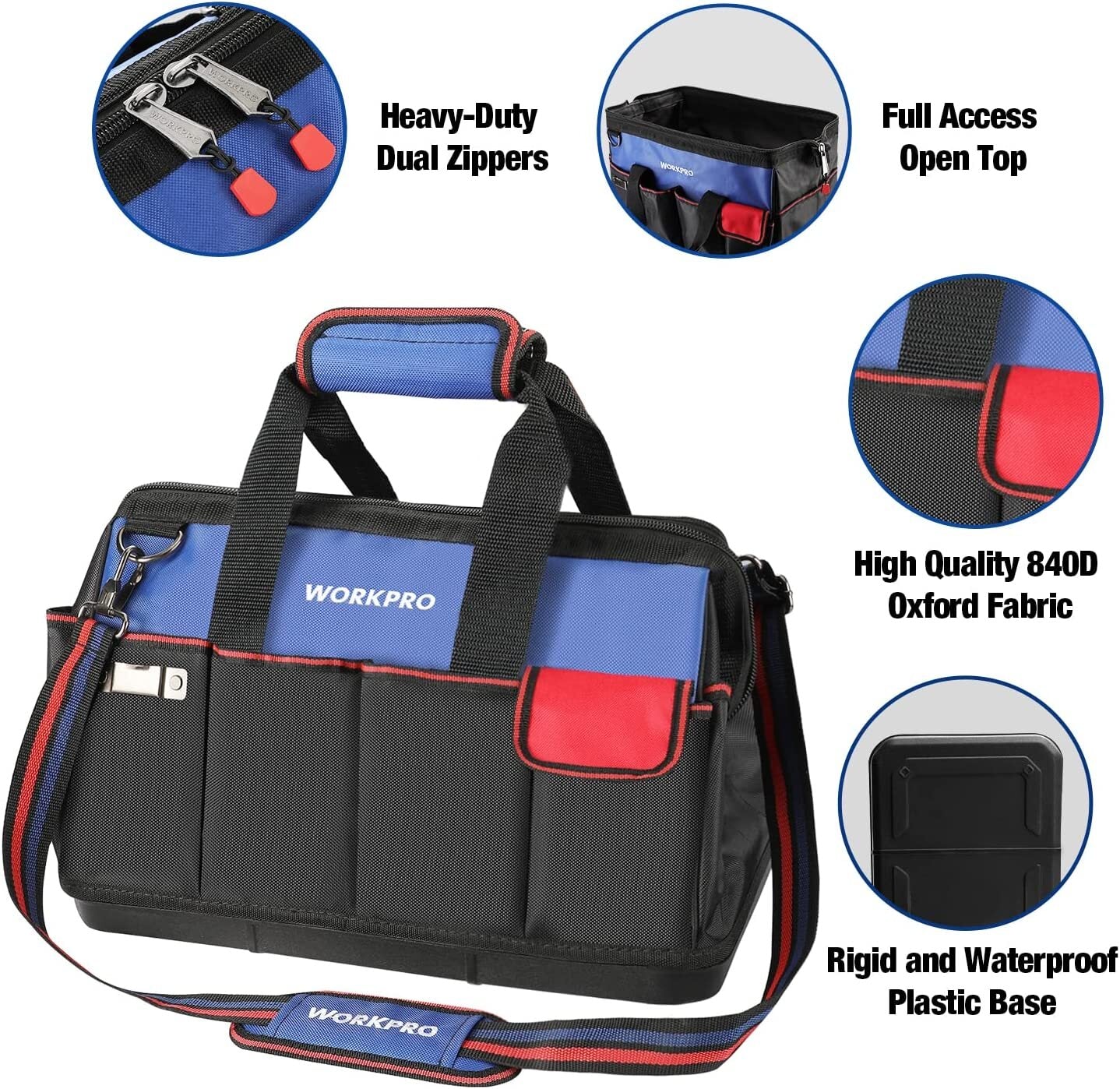 WORKPRO 18" Tool Bag Tool Tote Waterproof with Base and Adjustable Shoulder Strap