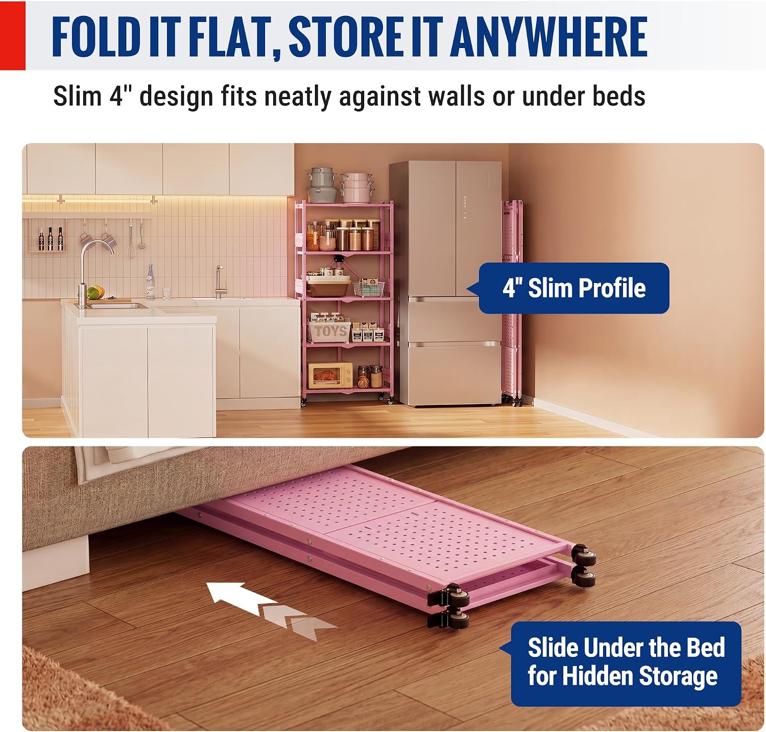 Pink slim-profile folding shelf rack under-bed or against-wall storage, flat folded