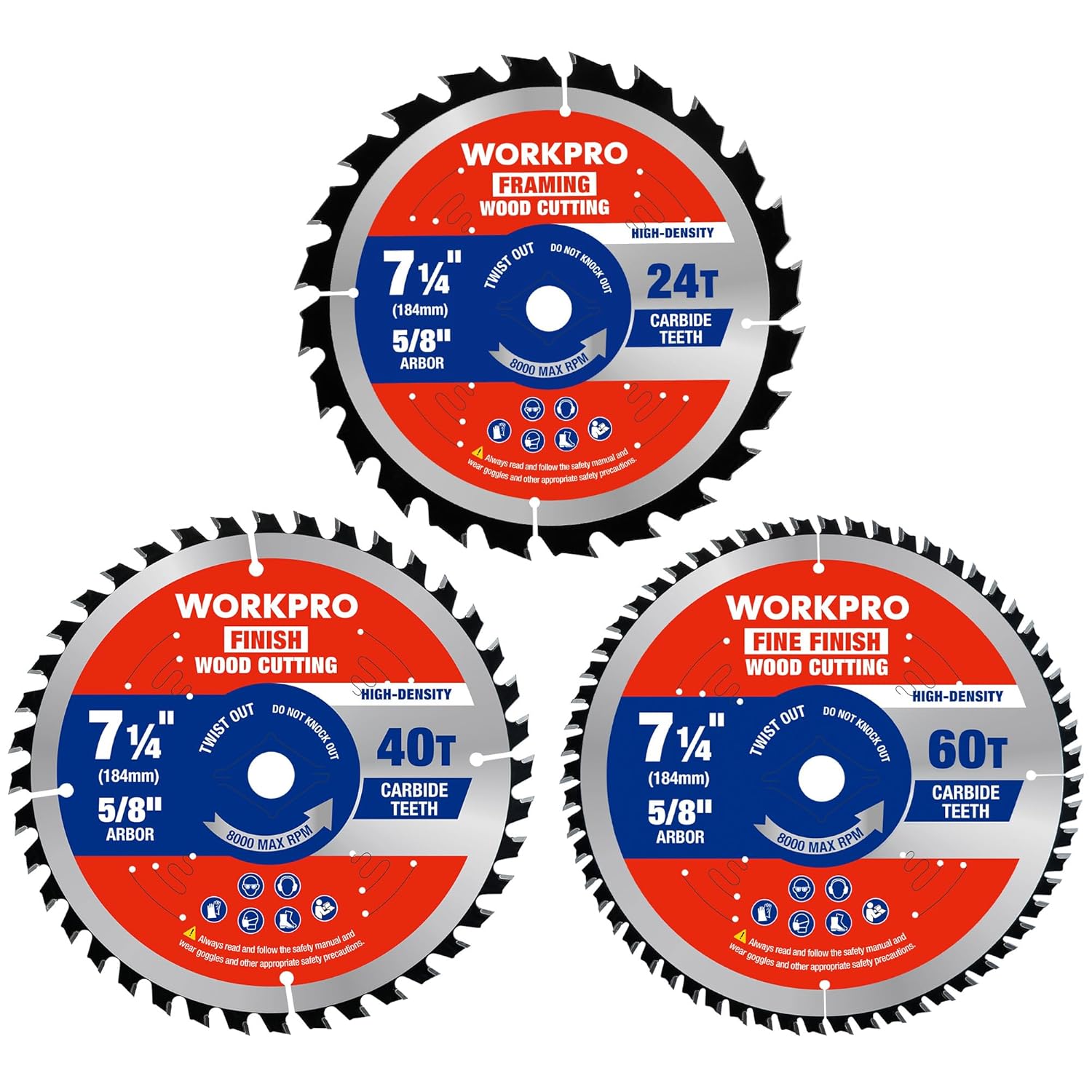 WORKPRO 7-1/4 Inch Woodworking Circular Saw Blades, 24T/40T/60T Framing, General & Finish Combo, Thin Kerf, Carbide Tipped, ATB Tooth, 3-Pack