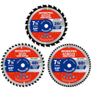WORKPRO 7-1/4 Inch Woodworking Circular Saw Blades, 24T/40T/60T Framing, General & Finish Combo, Thin Kerf, Carbide Tipped, ATB Tooth, 3-Pack