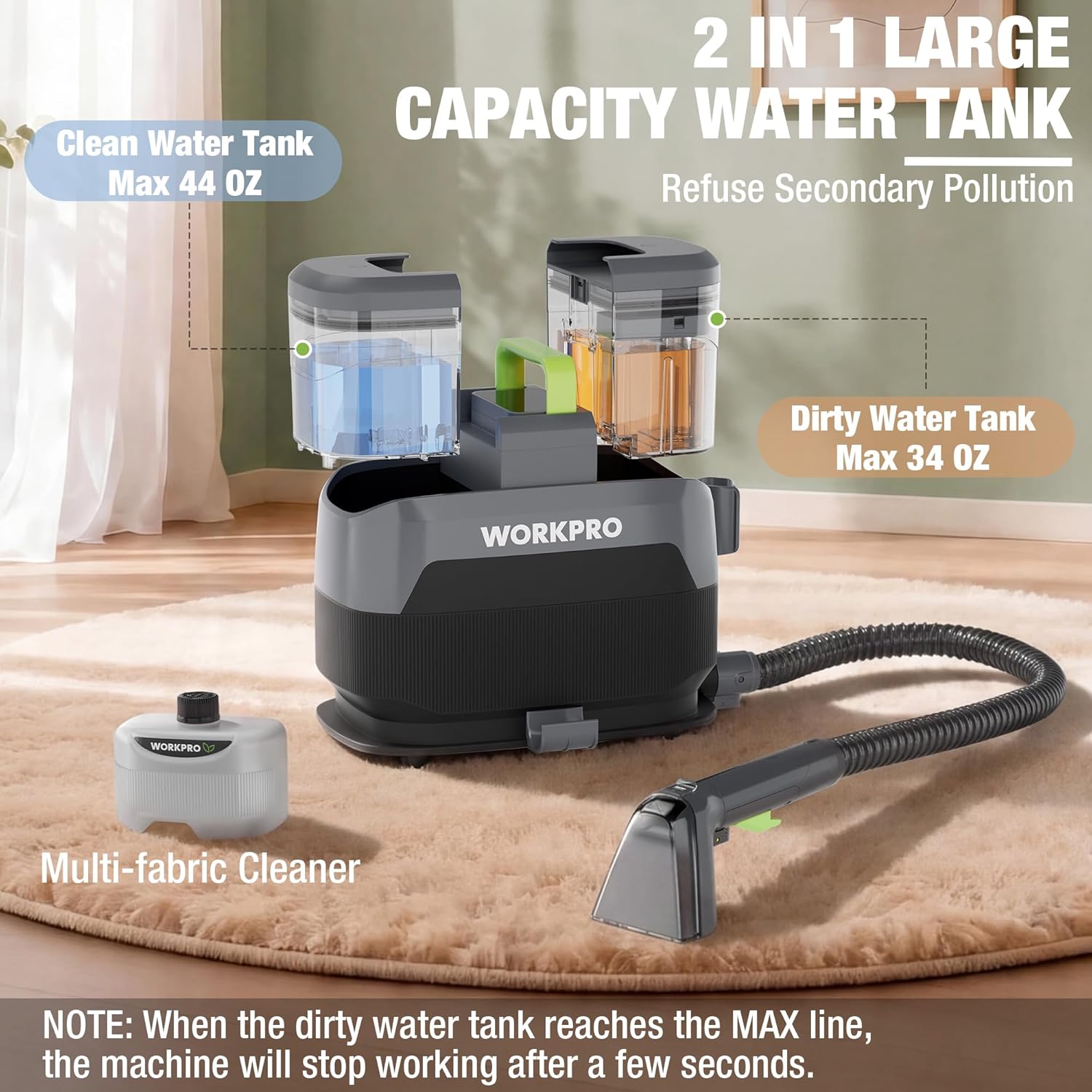Portable steam cleaner with clean and dirty water tanks, hose, and floor nozzle