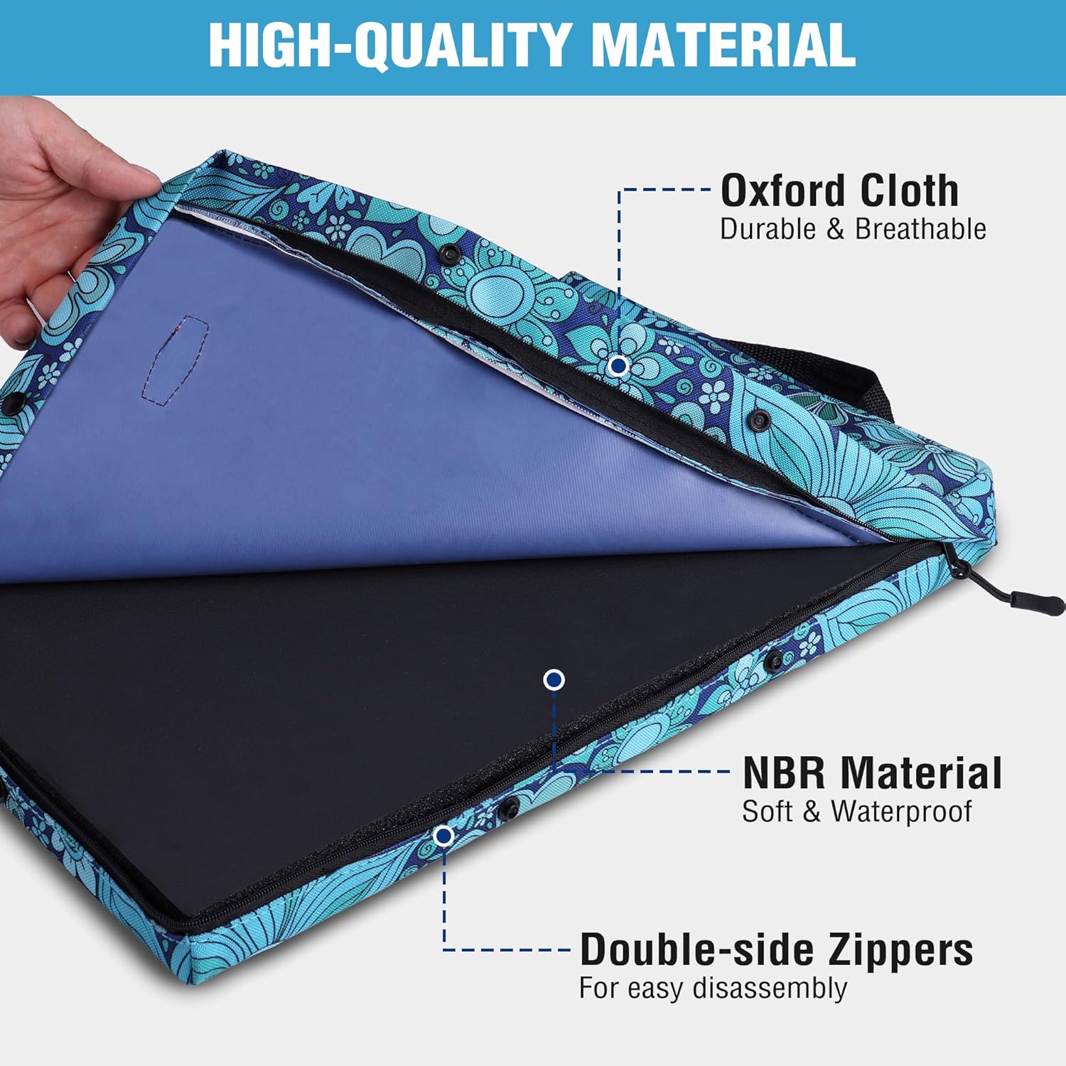 Blue floral kneeling pad with open double-zip cover and cushioned foam layer