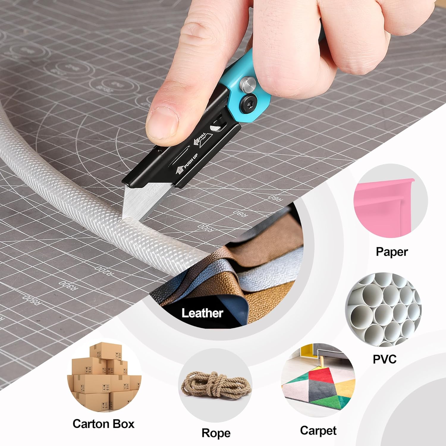 Teal folding utility knife cutting on a craft mat; suitable for paper, leather, PVC