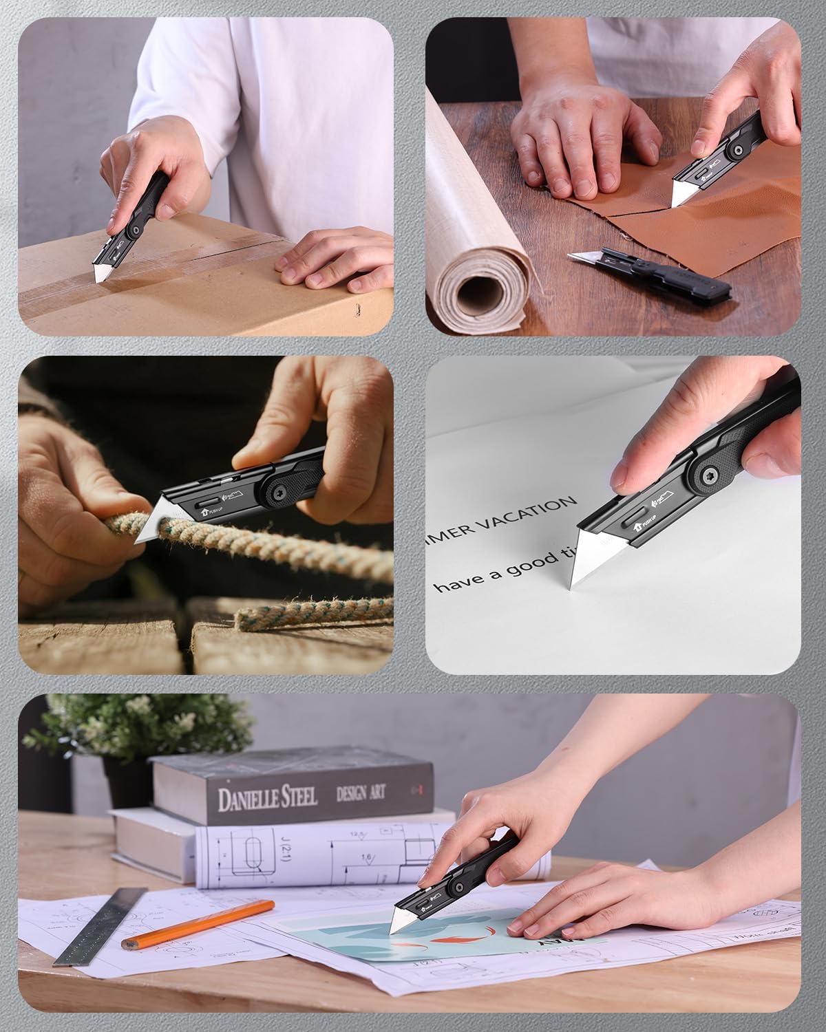 Black folding utility knife shown cutting cardboard and craft materials