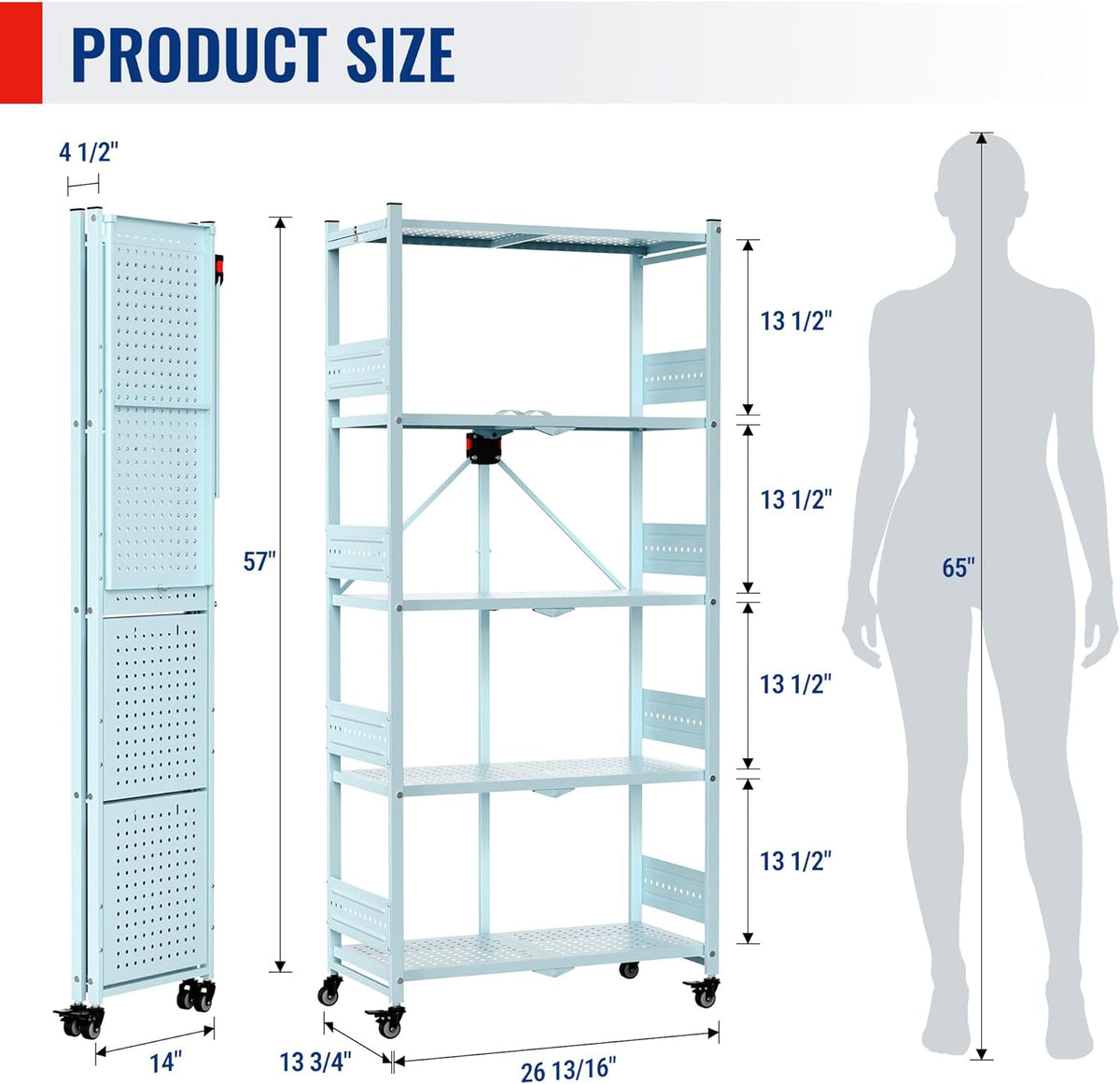 Blue 5-tier folding metal storage rack with wheels and side panel dimensions