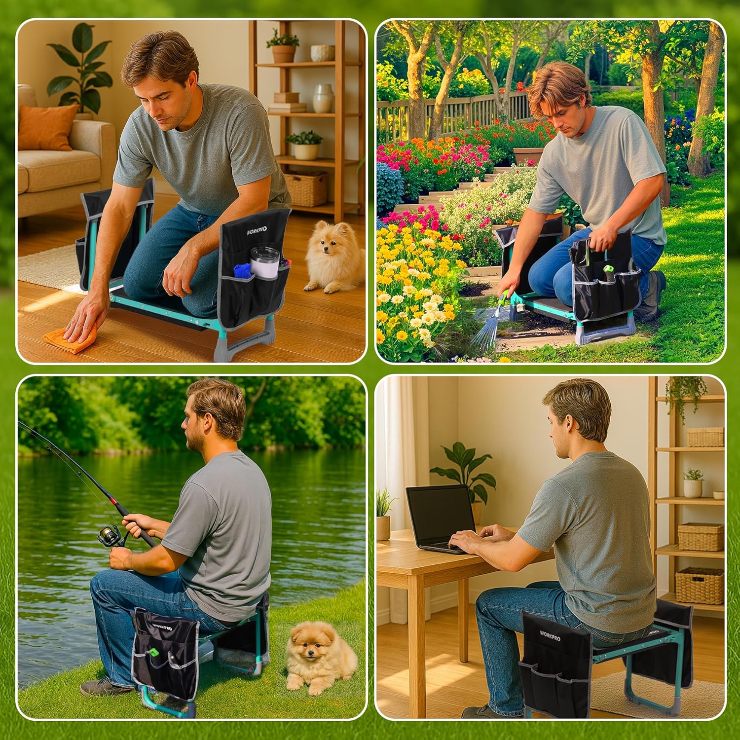 Foldable garden kneeler stool with teal frame, black tool pouch, and grey seat pad