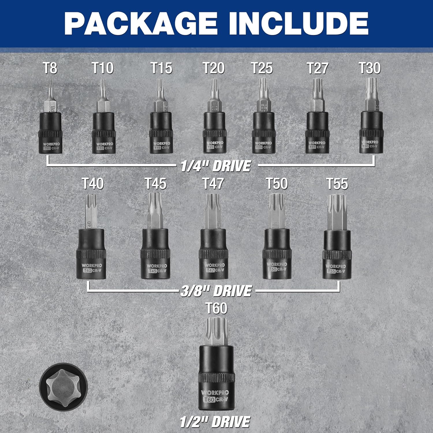 Torx bit socket set showing multiple T-size sockets for 1/4 and 3/8 drives