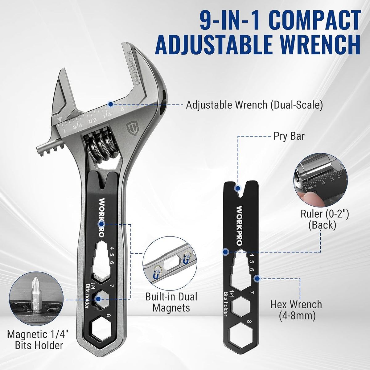 WORKPRO 4" Adjustable Wrench Wide Jaw Opening, 9-in-1 Mini Wrench Multitool