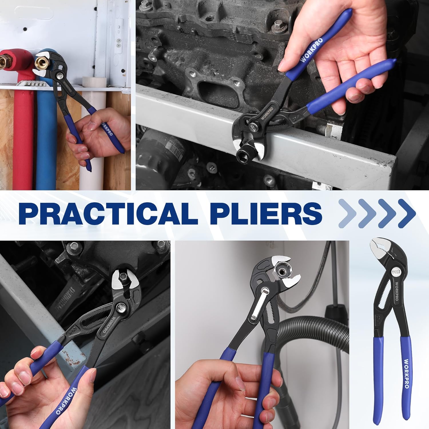 Water pump pliers with blue grips held for repair work, adjustable V-jaw and push-lock