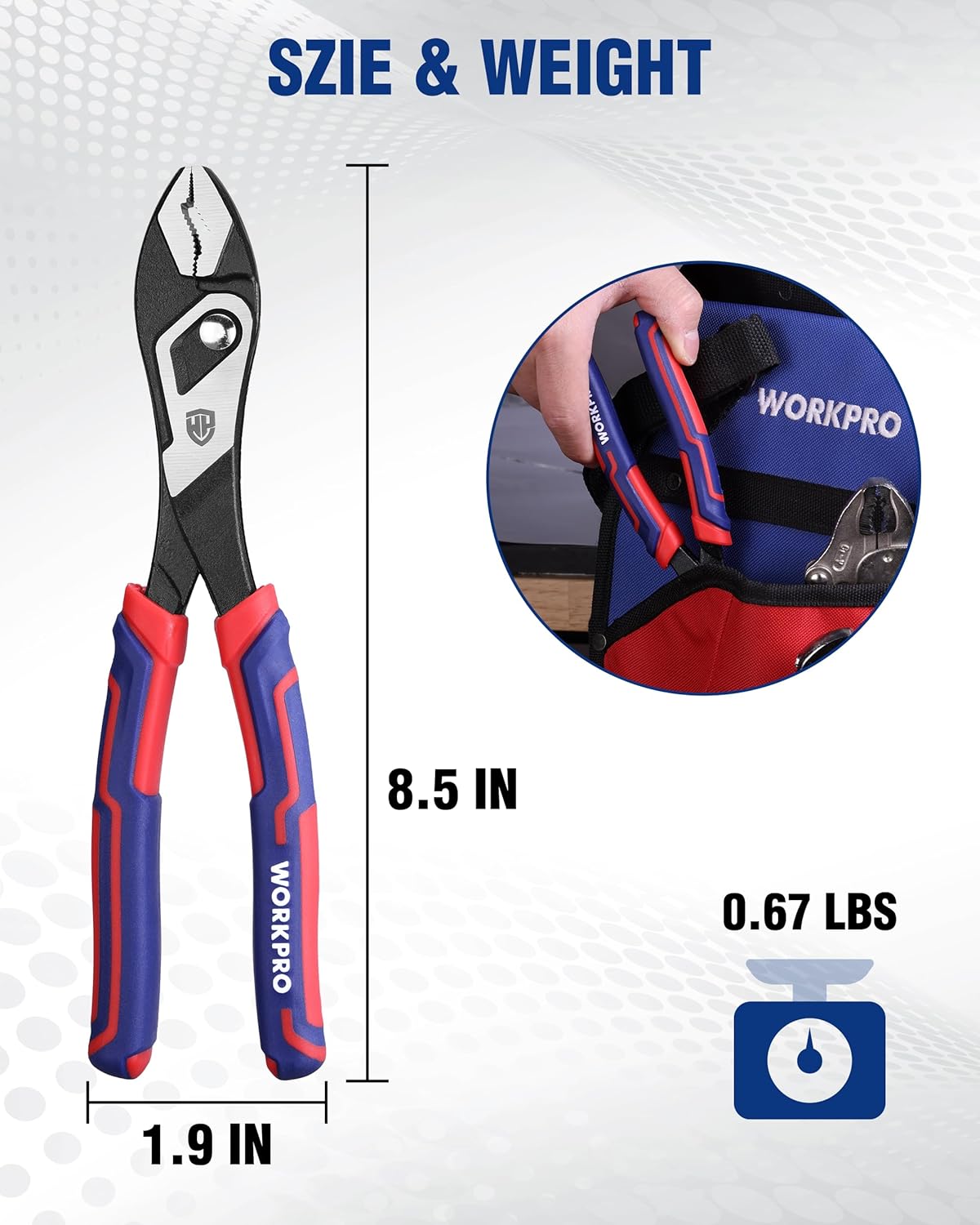 8.5 in slip-joint pliers with black jaws and red-blue TPR handles