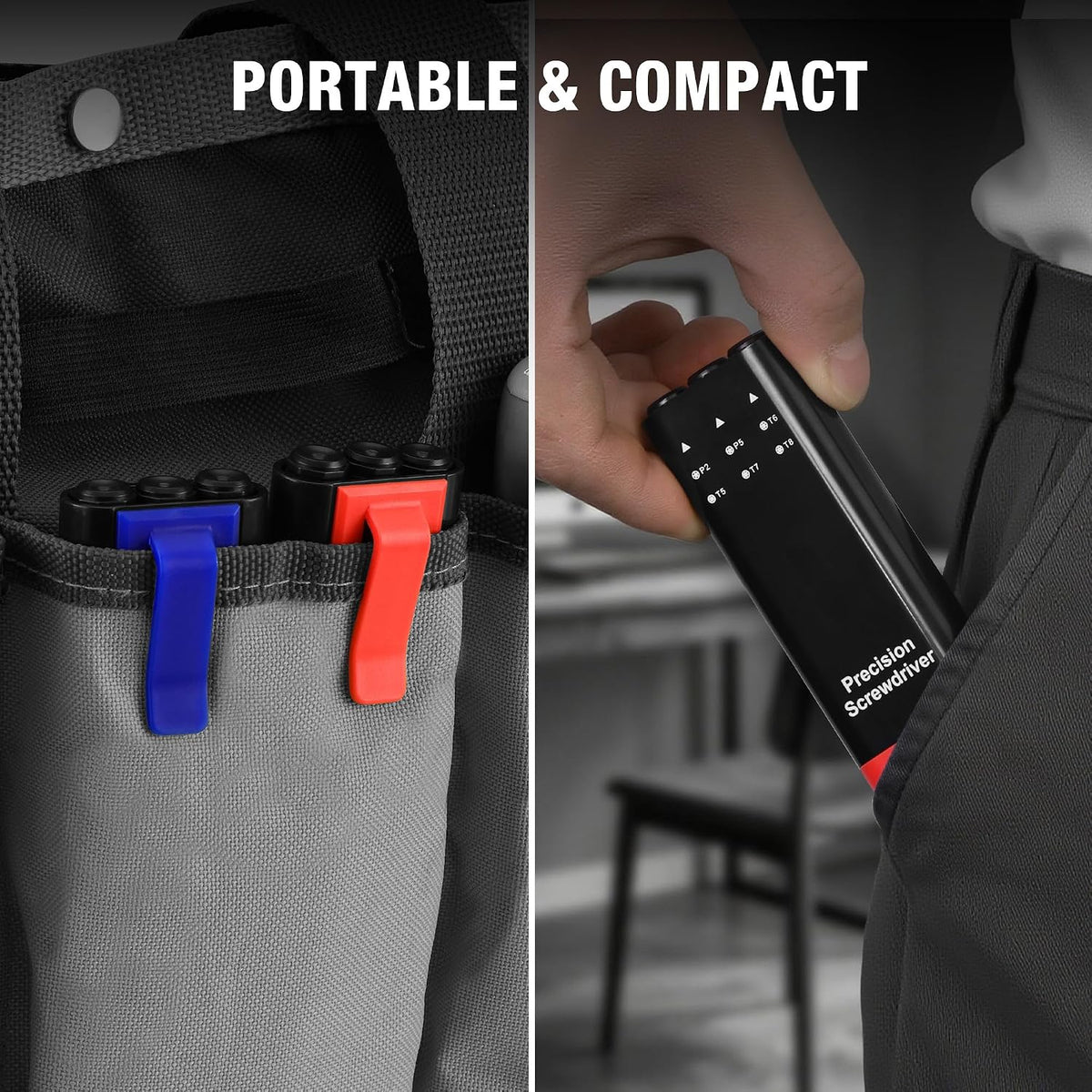 Portable precision screwdriver set in compact pouch, blue and red handles with bits