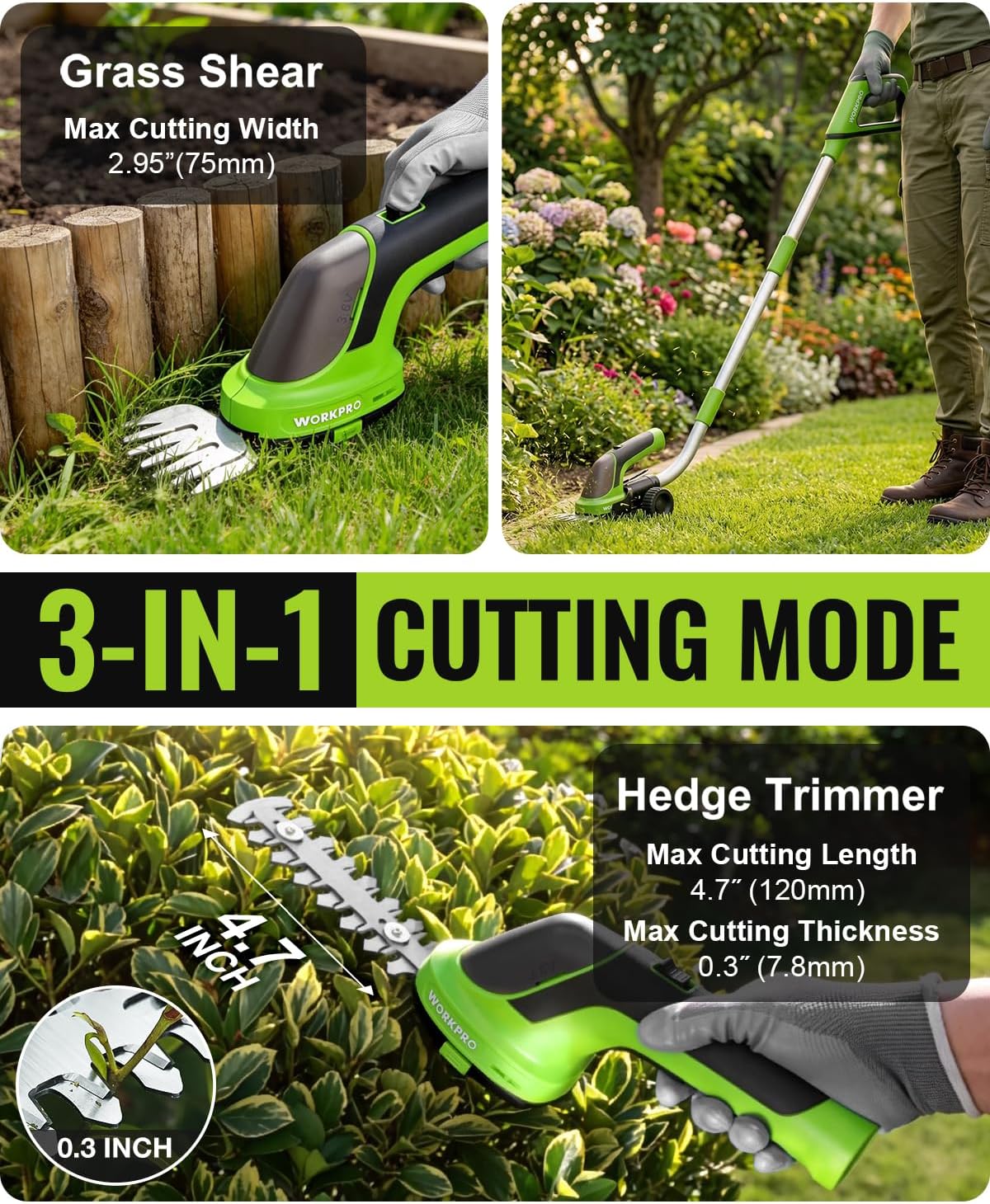 Cordless grass shear hedge trimmer base with comb blade and green handle for lawn trimming.