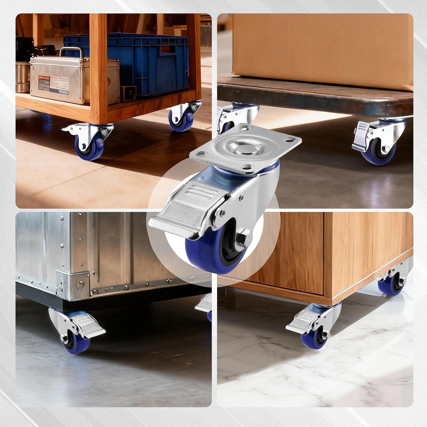 Swivel caster attached to wooden furniture corner with silver bracket and blue wheel