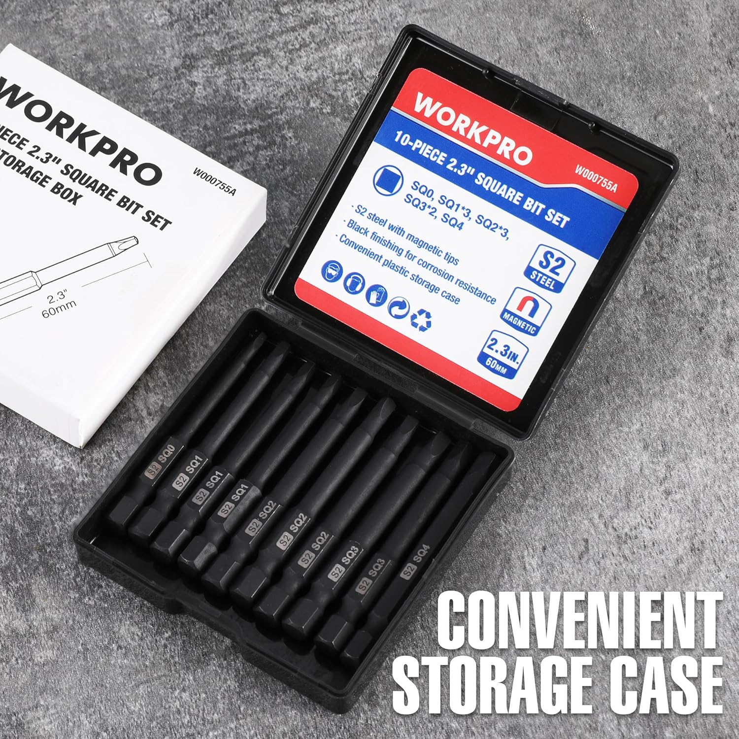 Square screwdriver bit set in black storage case with S2 magnetic bits