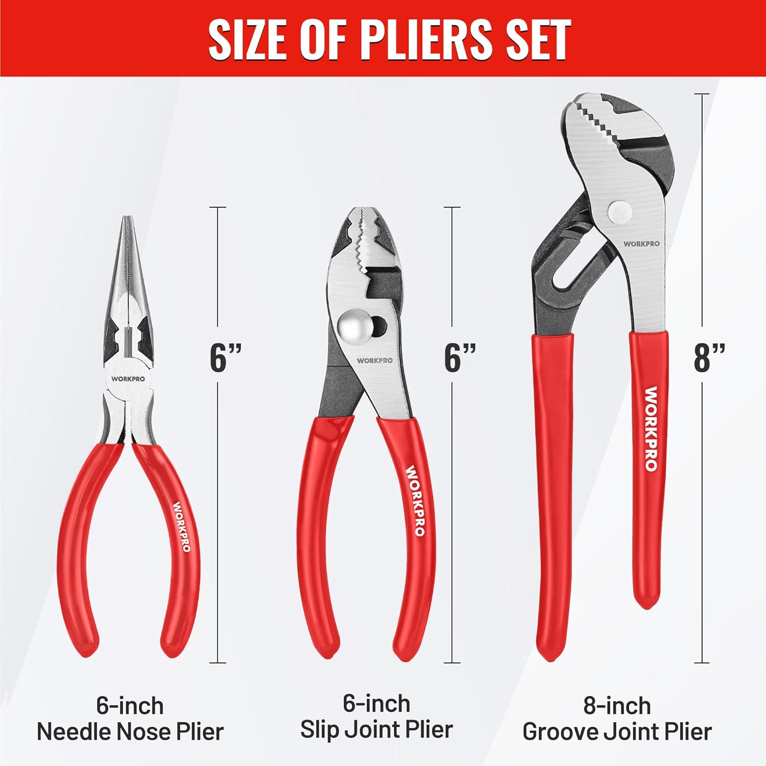 3-piece pliers set with 6" needle-nose, 6" slip-joint, and 8" groove-joint