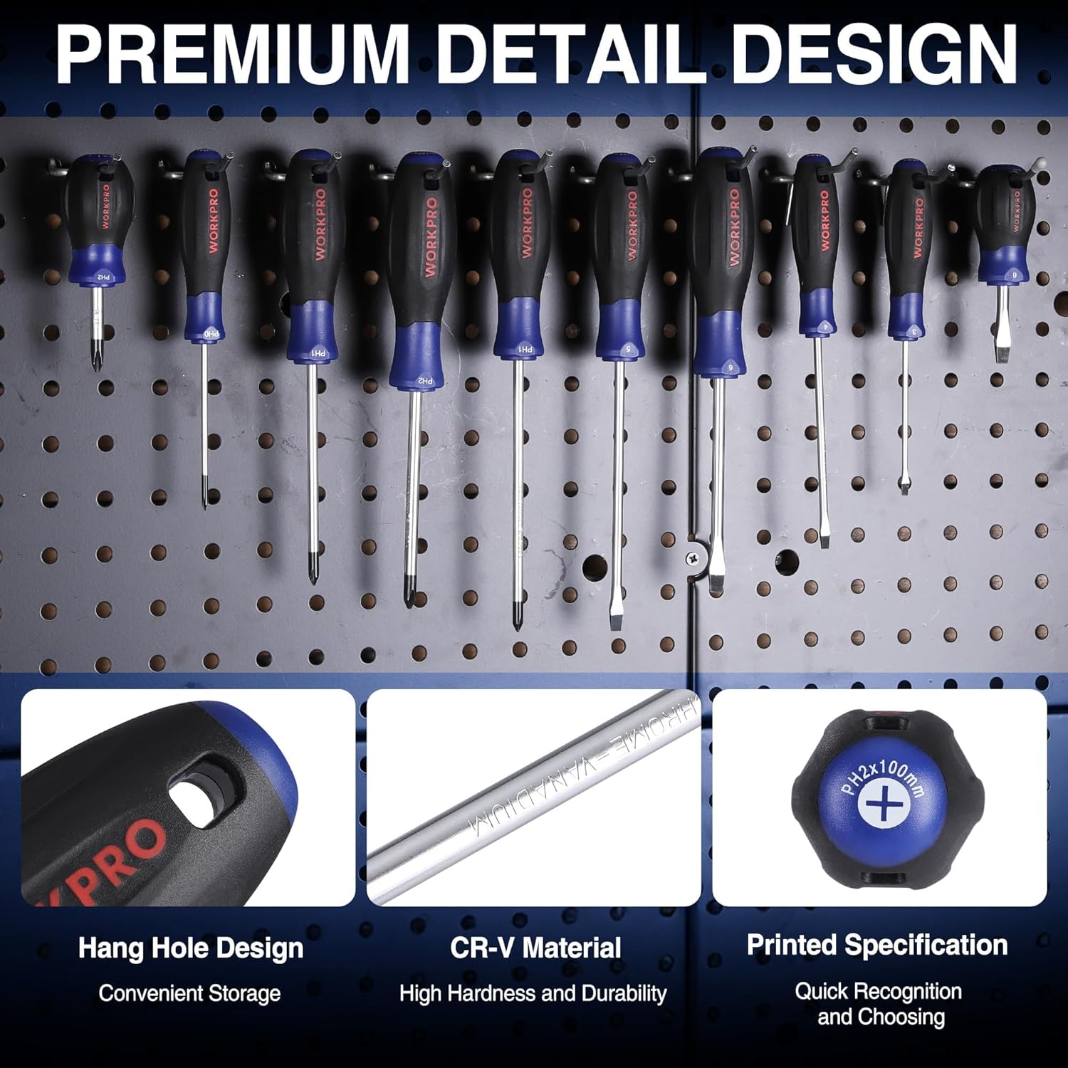 Screwdriver set with hanging-hole design and blue tips on black handles