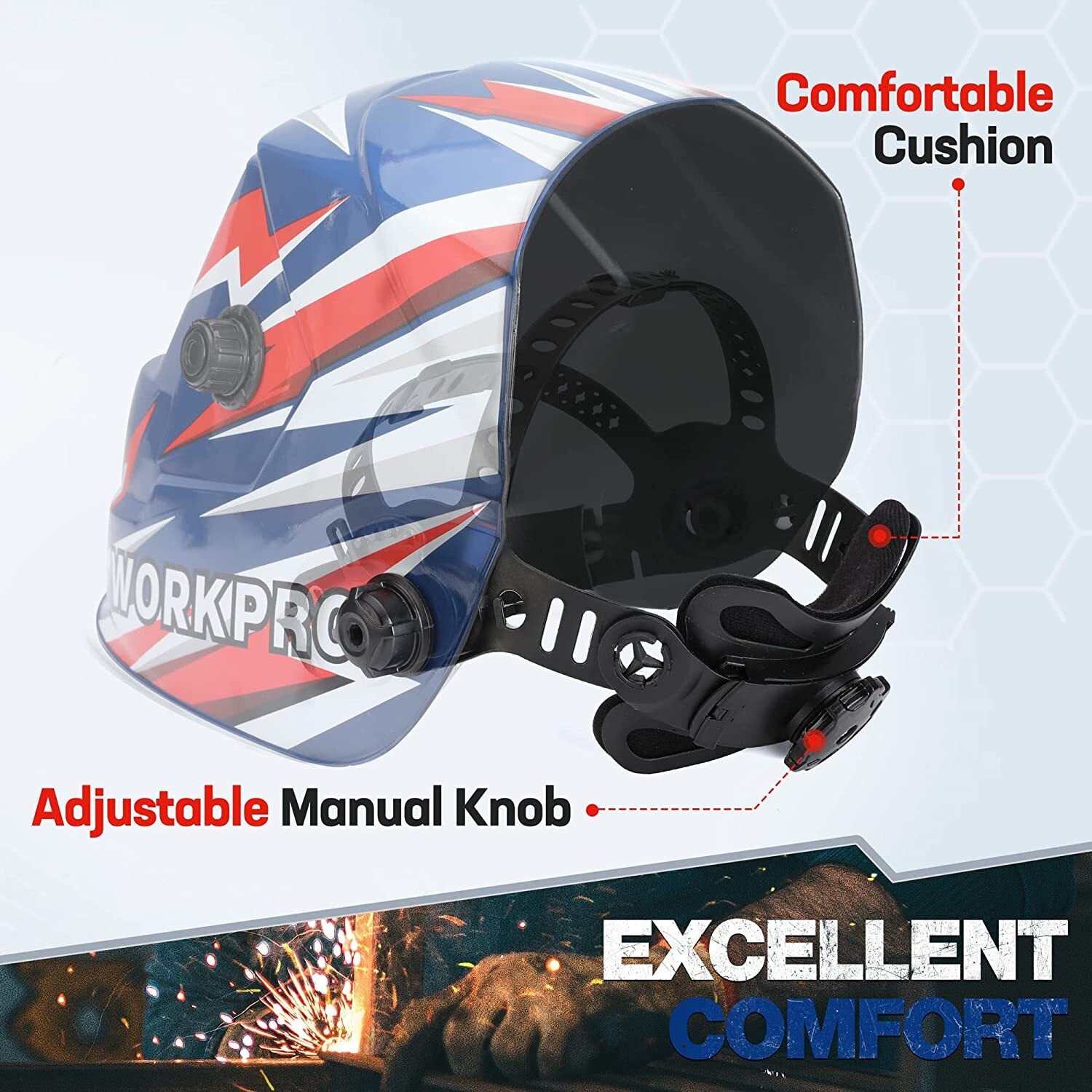 WORKPRO Welding Helmet True Color Auto Darkening 2 ARC Sensors in blue and red with secure fit