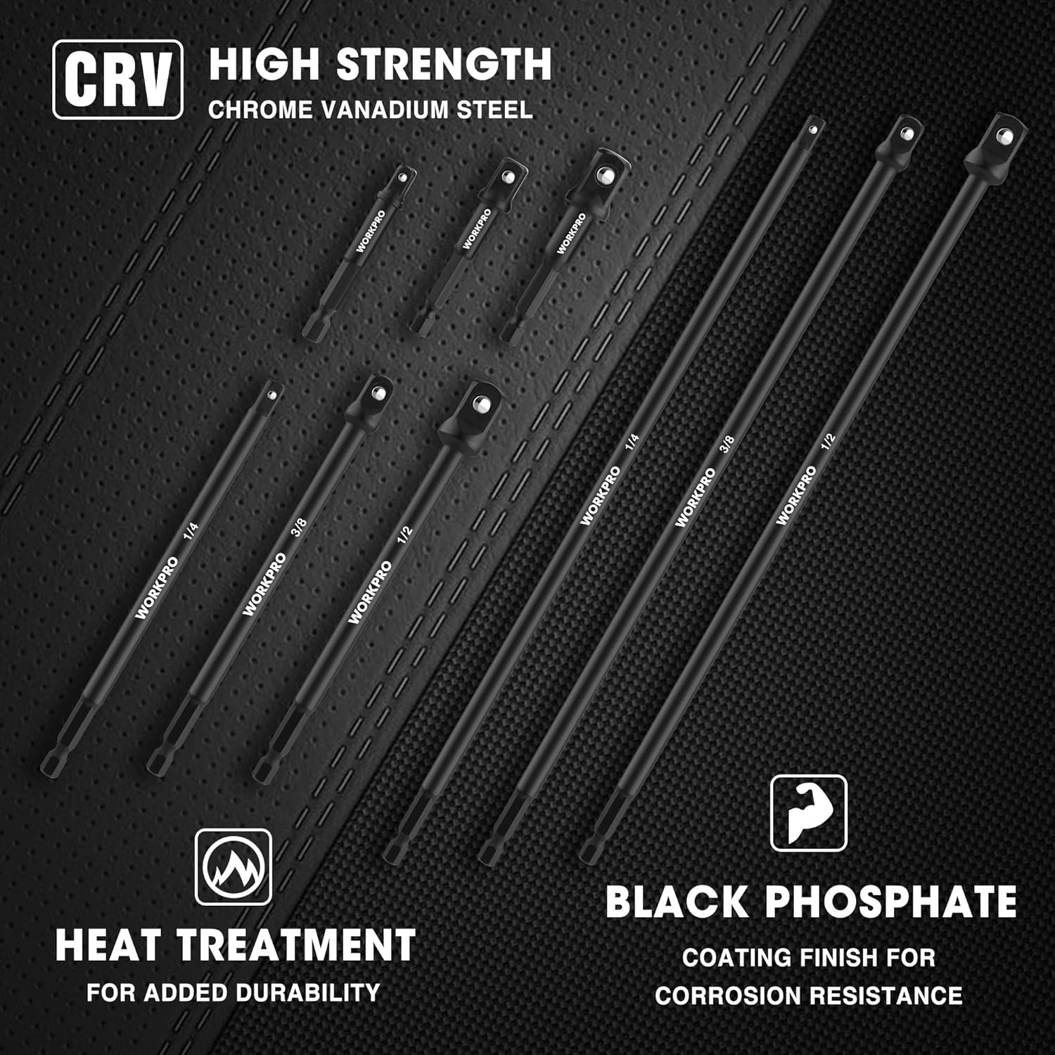 CRV WORKPRO socket extension adapters with black phosphate finish, multiple sizes