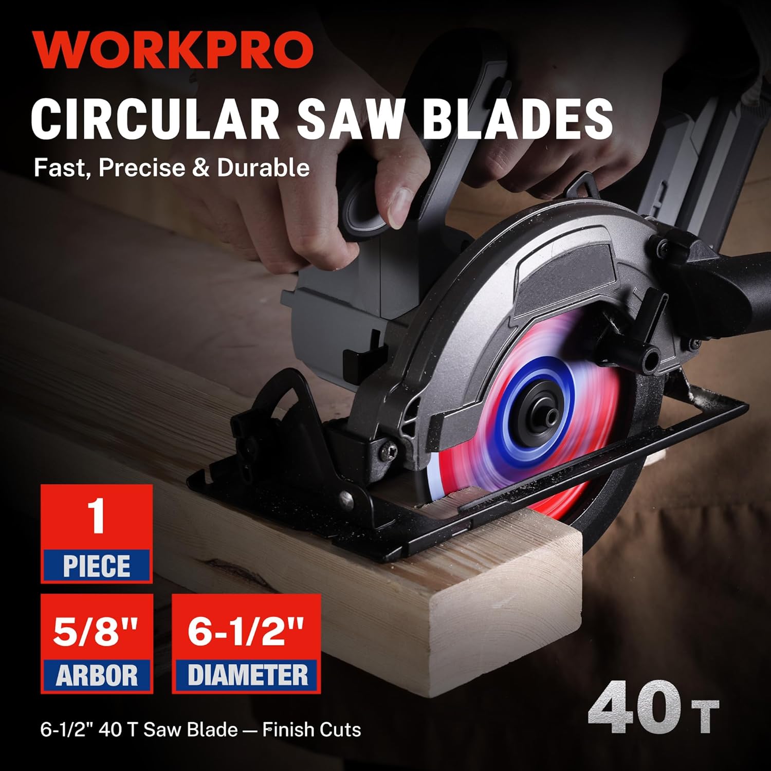 Circular saw blade with 40T carbide teeth, 6-1/2 in diameter and 5/8 in arbor
