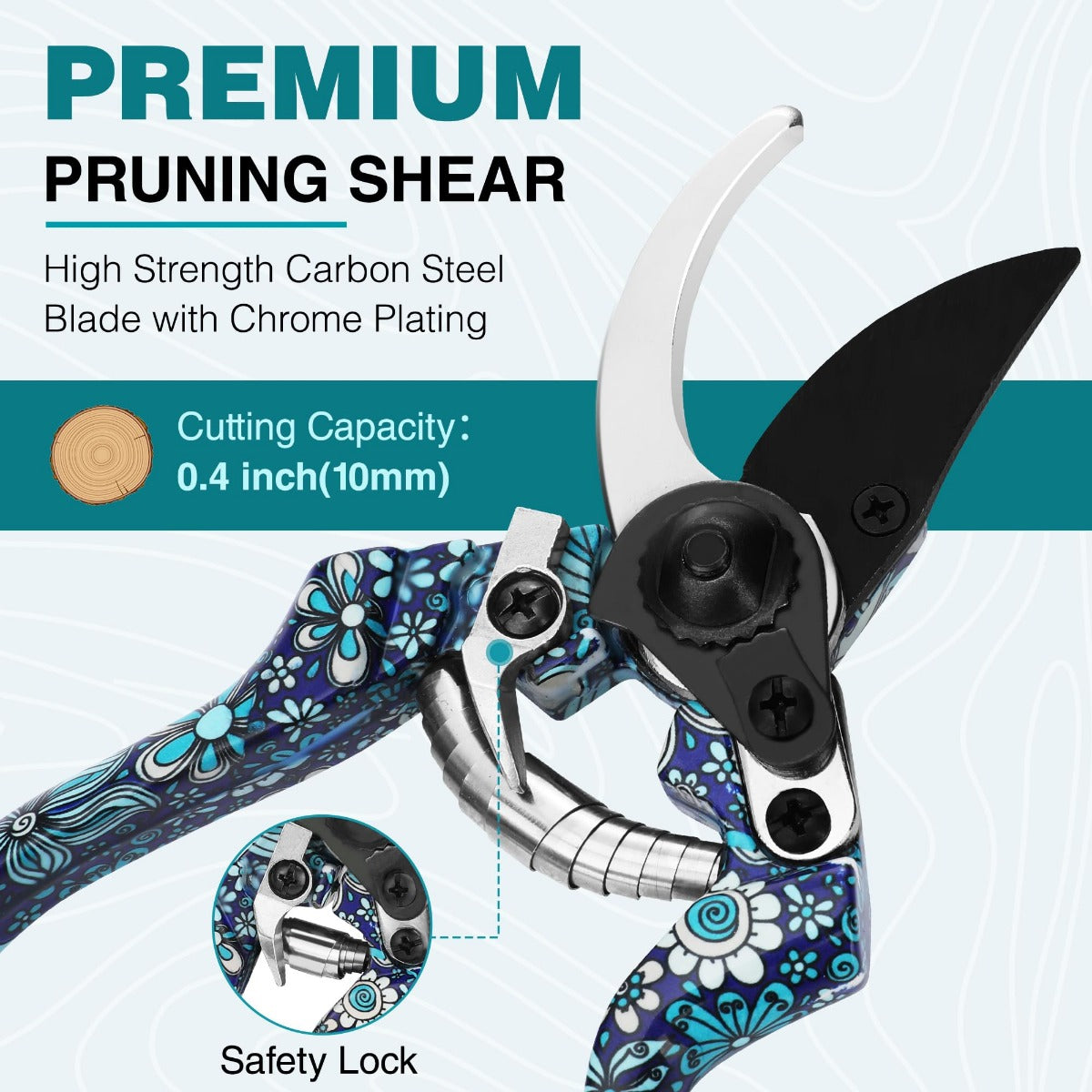 Floral-pattern pruning shears with black blades and turquoise/blue handle