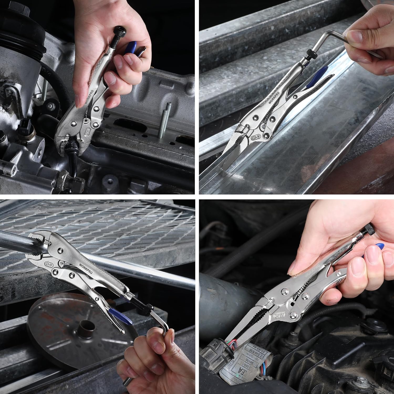 Locking pliers adjusting a car engine component in a tight workspace