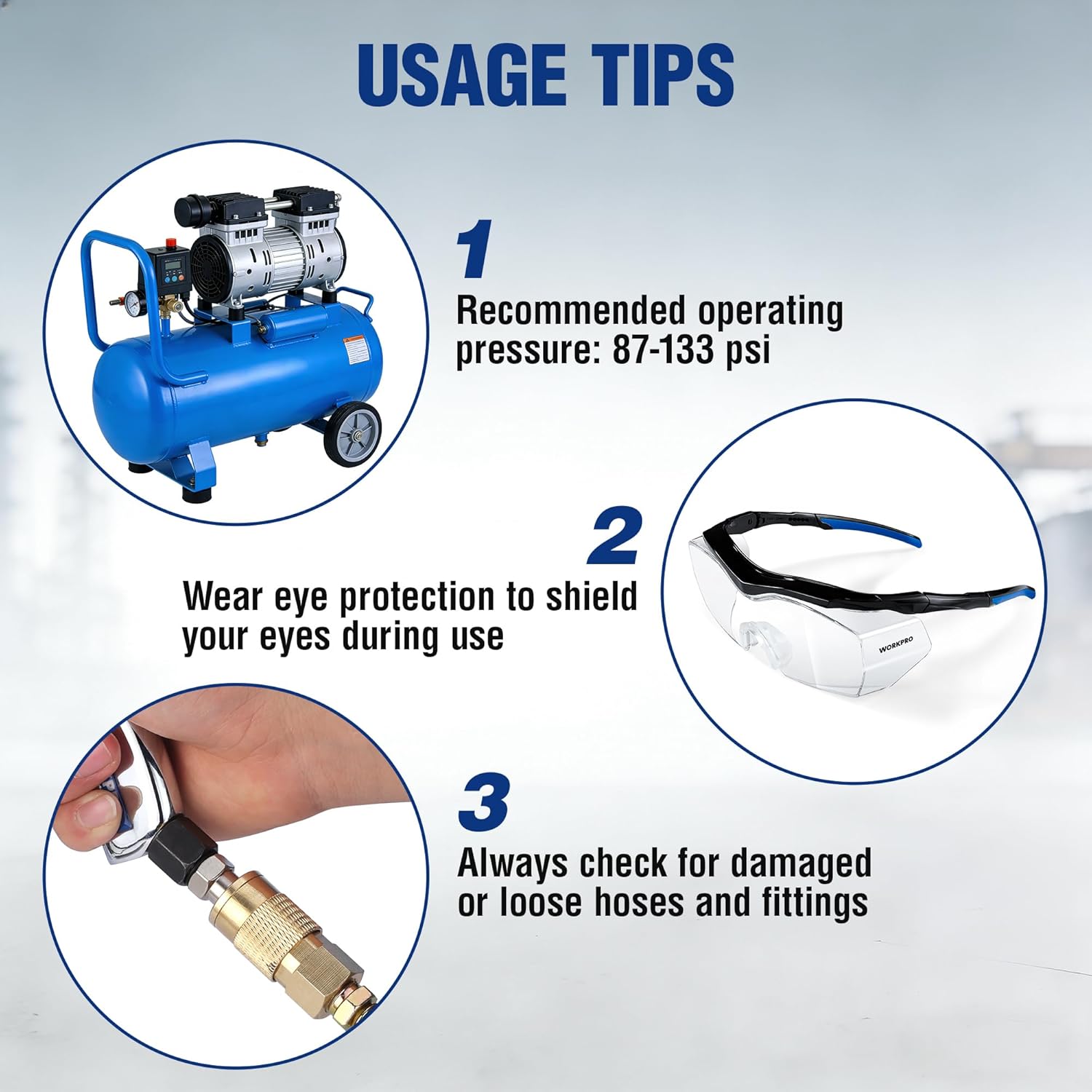 Air blow gun with nozzle and metal connector, safety eyewear shown for use