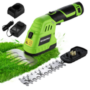 Cordless 2-in-1 trimmer kit with battery, charger, and grass/hedge blades, lime green