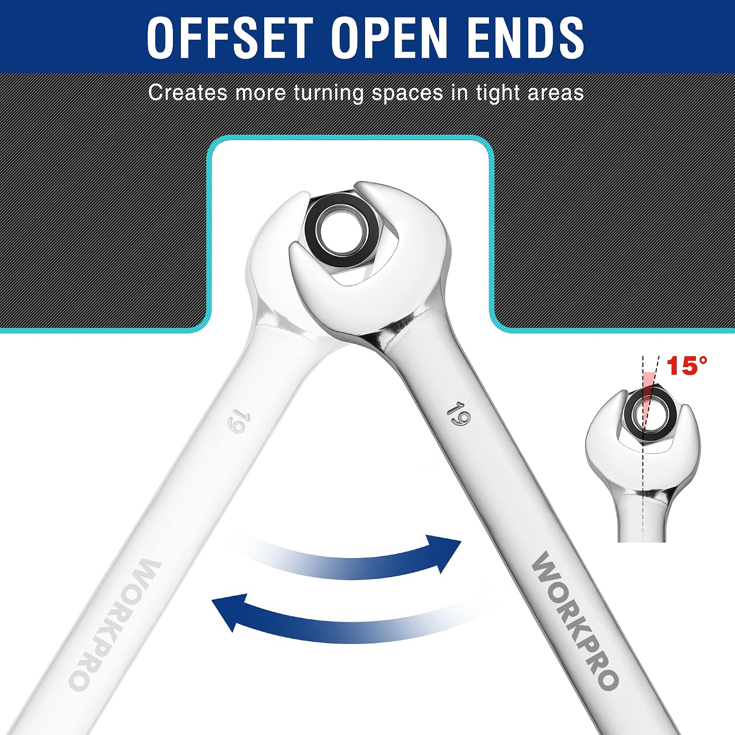 Offset open ends with angled jaw design for better turning in tight spaces.