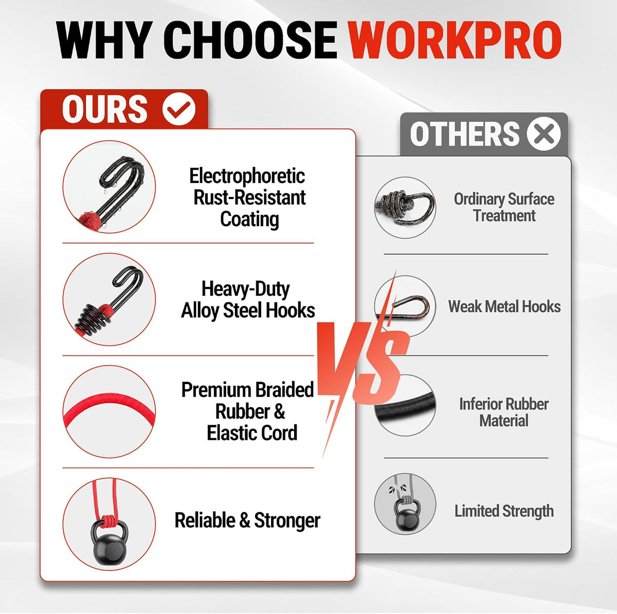 WORKPRO 24" Bungee Cords with Hooks, 4 Pack Heavy Duty Outdoor Bungee Strap, Red